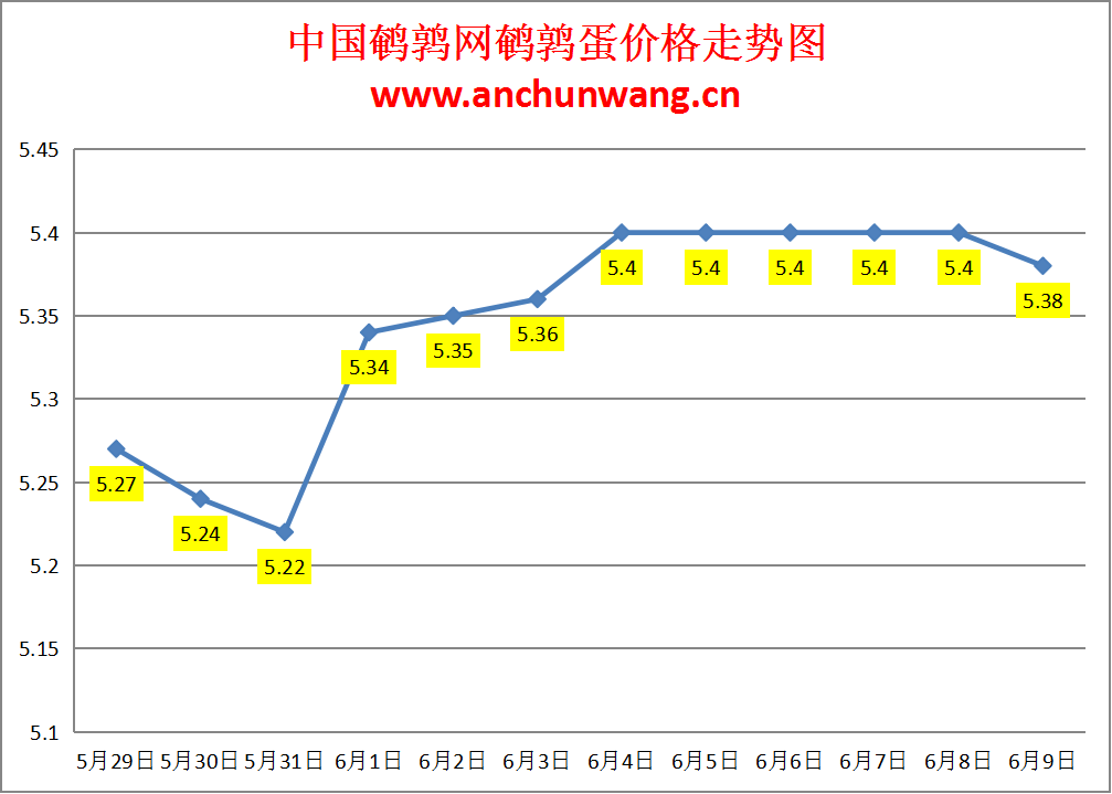 2024.6.9全国鹌鹑蛋价格：局部跌 均价5.38元