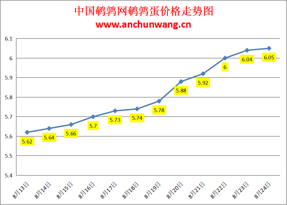 2024.8.24全国鹌鹑蛋价格：东北涨，均价6.05元