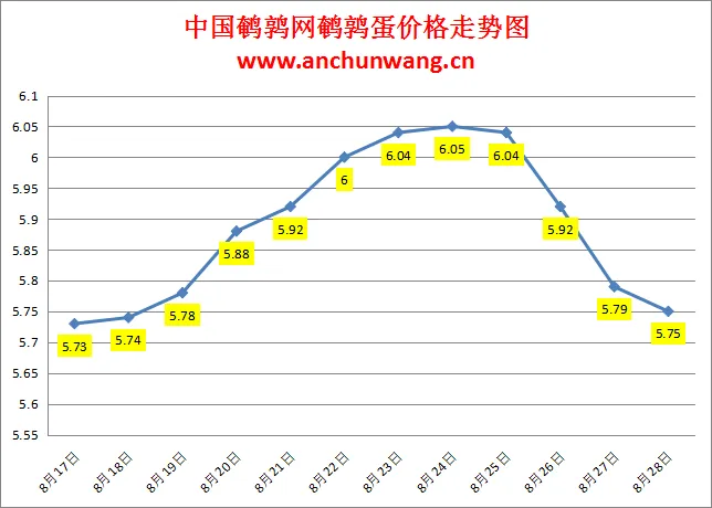 2024.8.28全国鹌鹑蛋价格：局部跌，均价5.75元