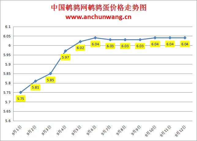 2024.9.12全国鹌鹑蛋价格：稳为主，均价6.04元