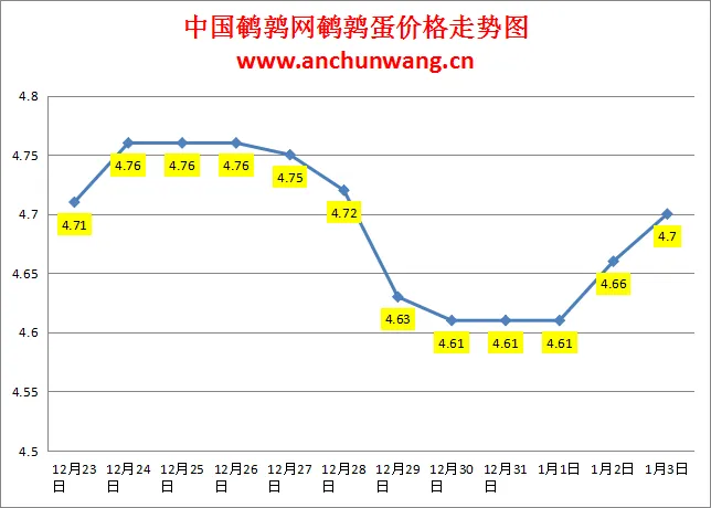 2025.1.3全国鹌鹑蛋价格：均价4.7元，局部涨