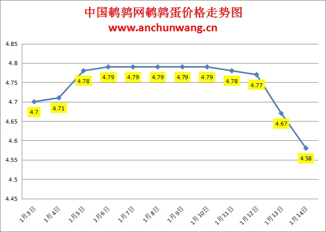 2025.1.14全国鹌鹑蛋价格：均价4.58元，继续跌