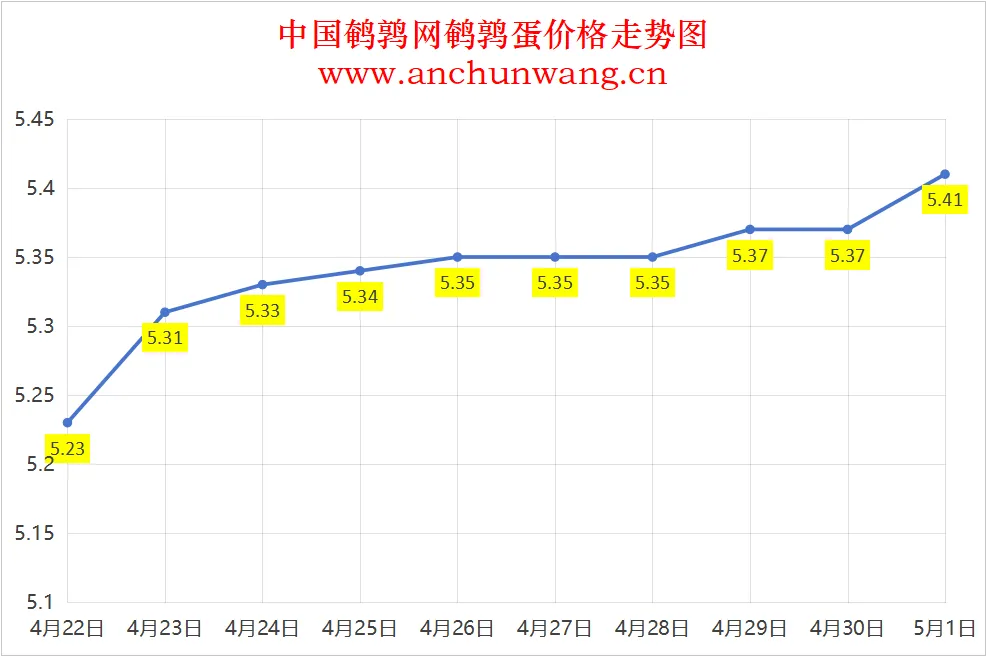 2025年5月1日全国鹌鹑蛋价格：均价5.41元 多地涨