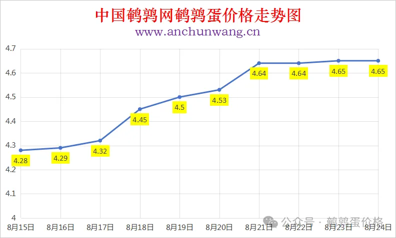 2025年8月24日中国鹌鹑网全国鹌鹑蛋价格涨跌表：均价4.65元 稳为主