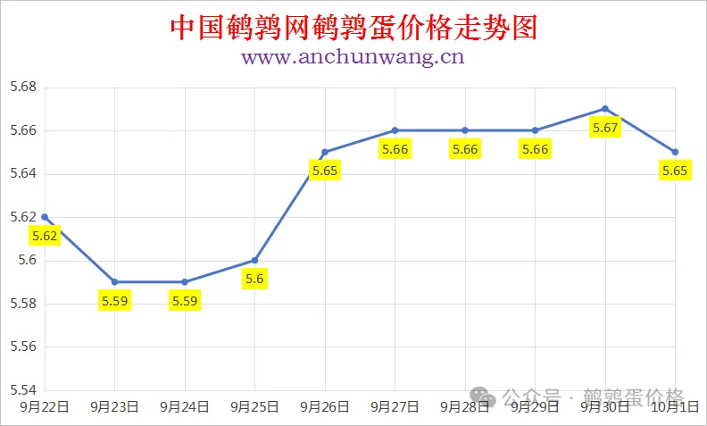 2025年10月1日中国鹌鹑网全国鹌鹑蛋价格涨跌表：均价5.65元 局部跌